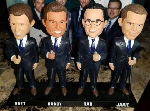 Bret Hedican, Randy Hahn, Dan Rusanowsky, and Jamie Baker bobblehead